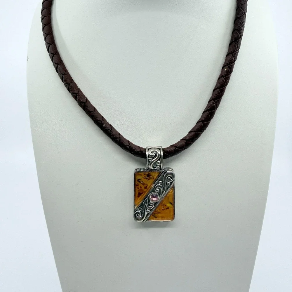 VTG Amber & Silver Resin Statement Necklace with Braided Leather Pendant